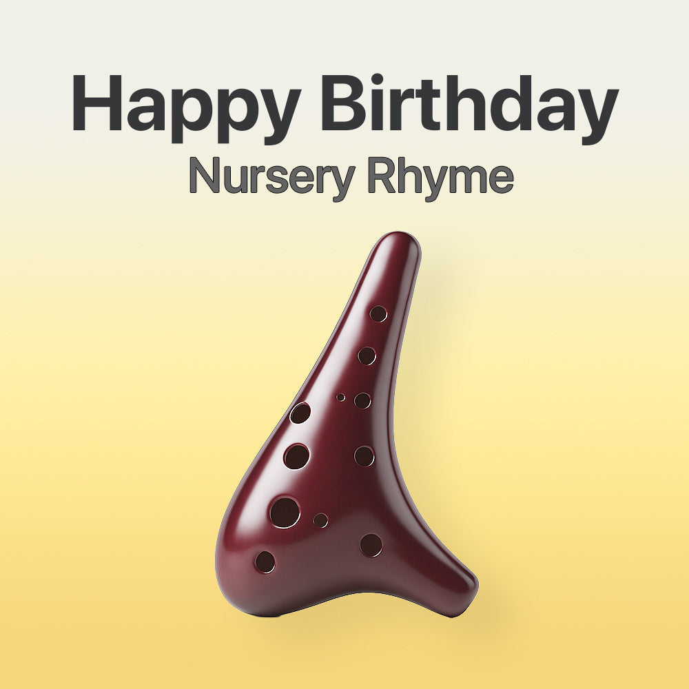 Maroon ocarina on a yellow background with 'Happy Birthday Nursery Rhyme' text.