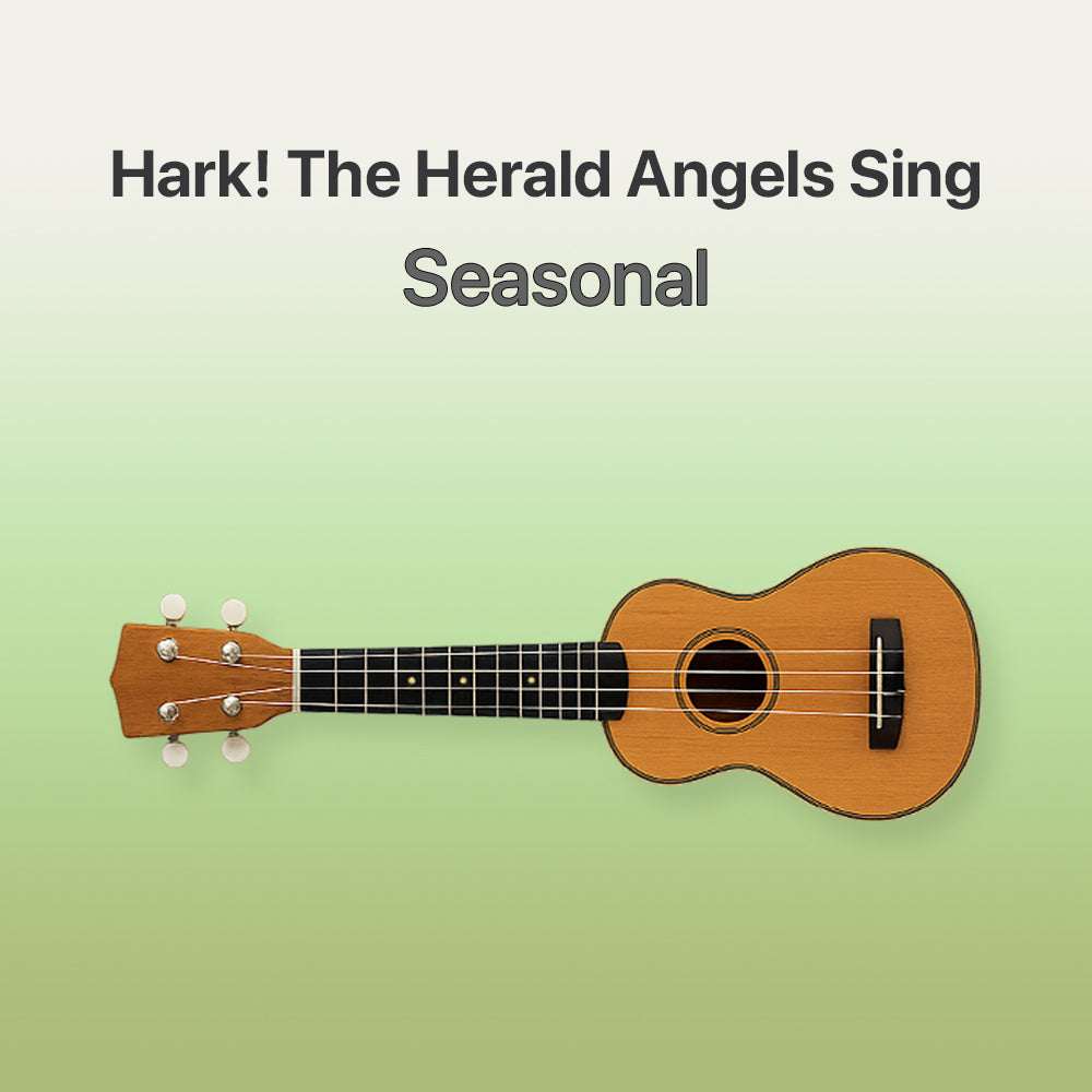 Wooden ukulele on a light green background with text 'Hark! The Herald Angels Sing Seasonal'.