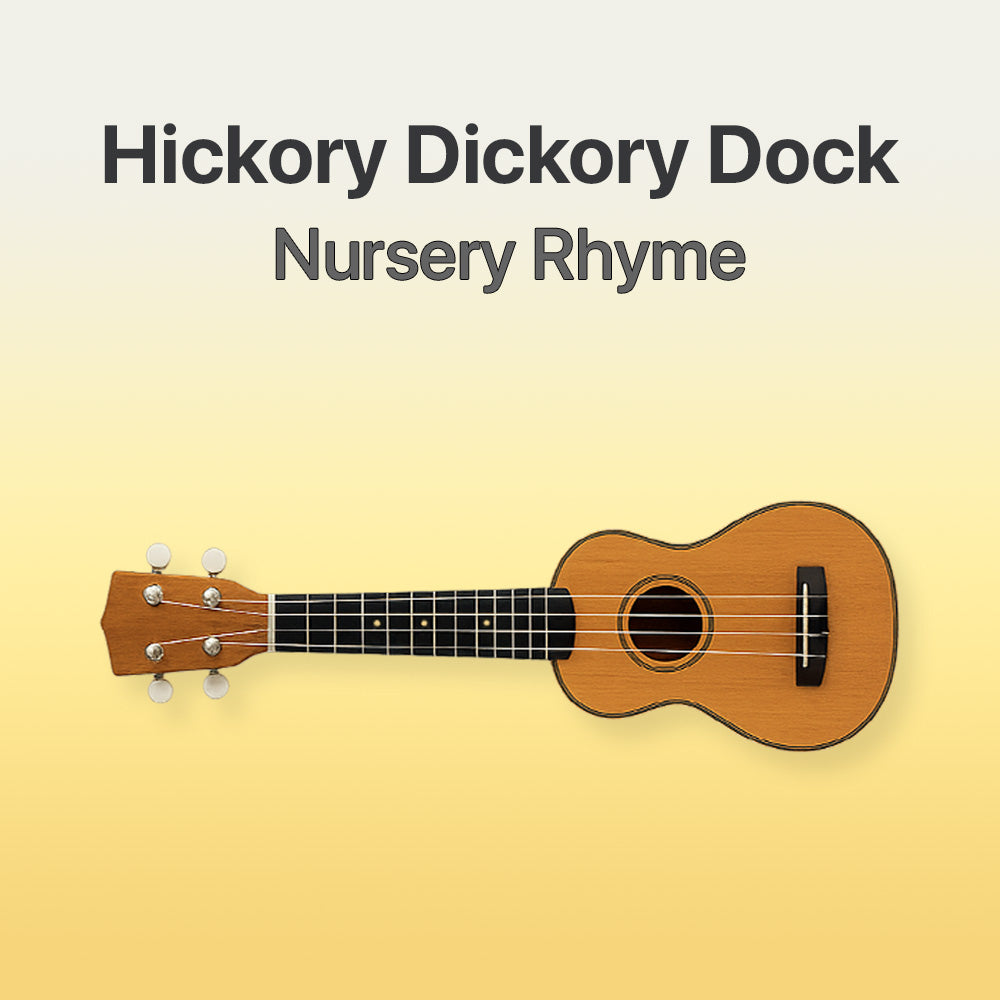 Ukulele on a yellow background with text 'Hickory Dickory Dock Nursery Rhyme'