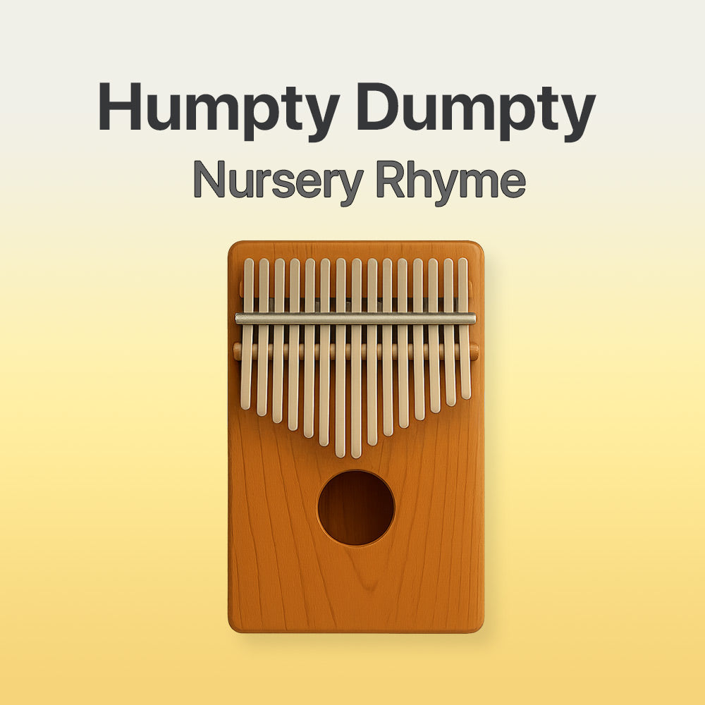 Wooden kalimba with text 'Humpty Dumpty Nursery Rhyme' on a yellow background