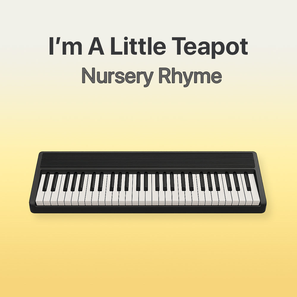 Keyboard with text 'I'm A Little Teapot Nursery Rhyme' on a yellow background