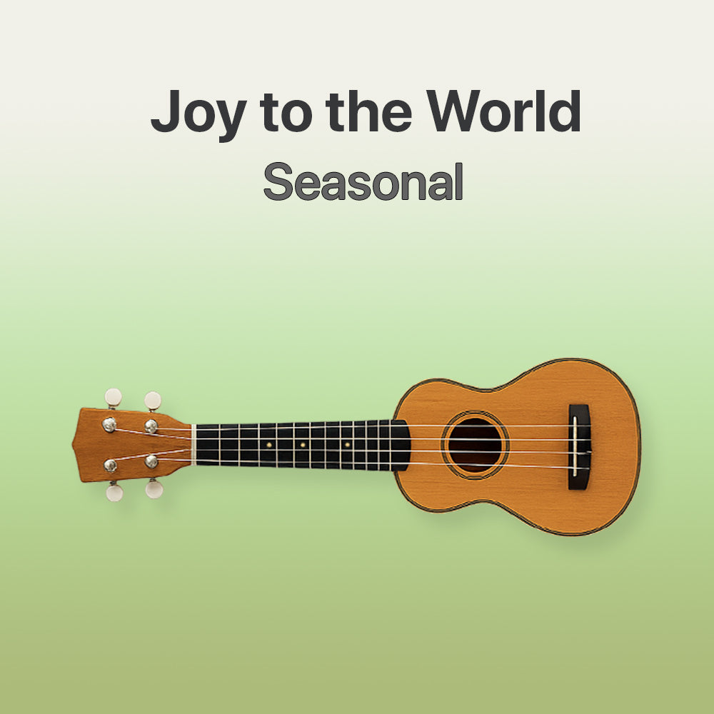 Small wooden guitar on a light green background with text 'Joy to the World Seasonal'.