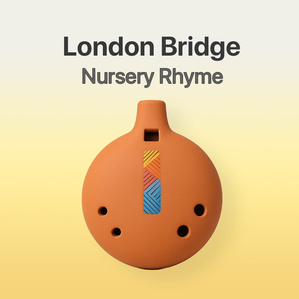 Ceramic ocarina with colorful design on a gradient background, labeled 'London Bridge Nursery Rhyme'.