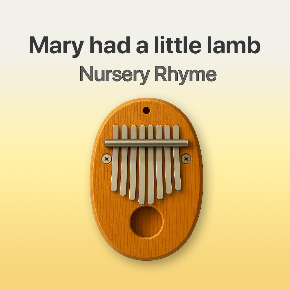 Wooden kalimba with text 'Mary had a little lamb Nursery Rhyme' on a yellow background