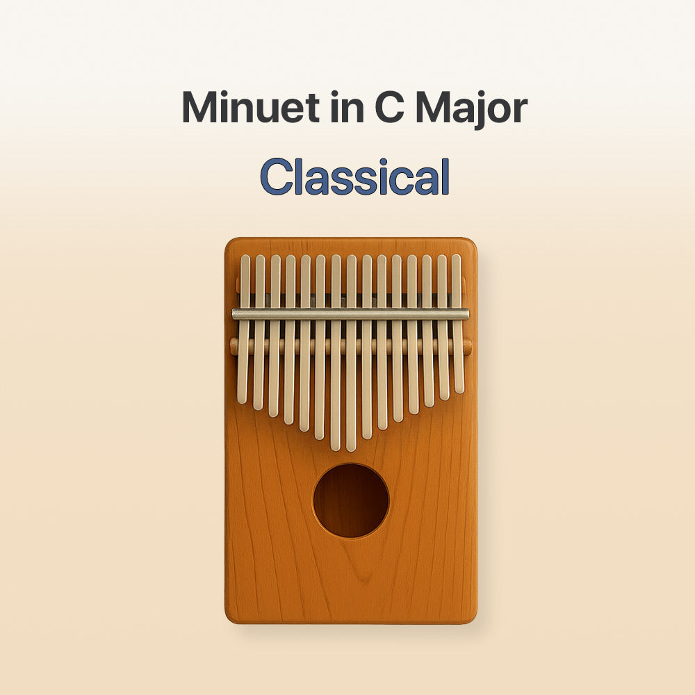 Wooden kalimba with metal tines on a beige background, labeled 'Minuet in C Major Classical'.