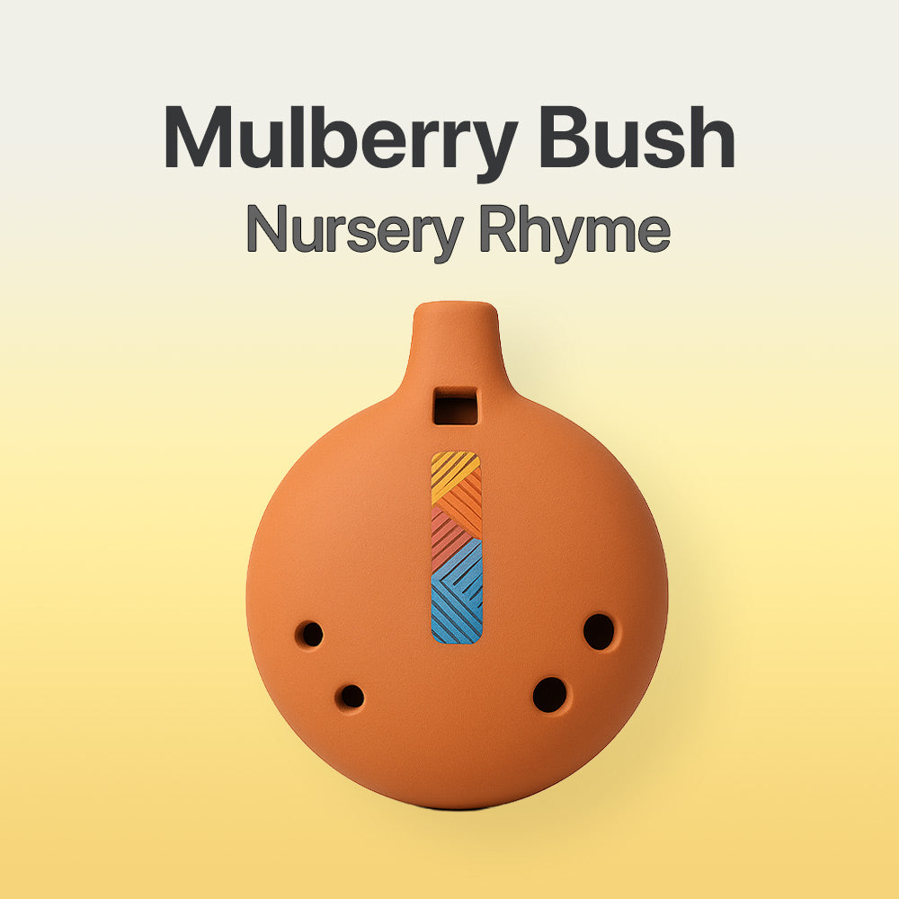 Ceramic ocarina with colorful design on a gradient background, featuring the text 'Mulberry Bush Nursery Rhyme'.