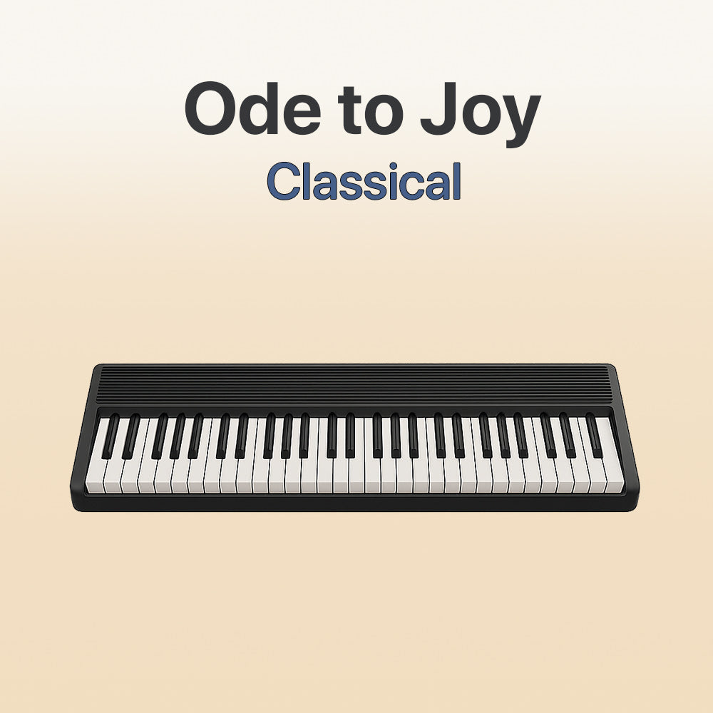 Digital piano with 'Ode to Joy Classical' text on a beige background