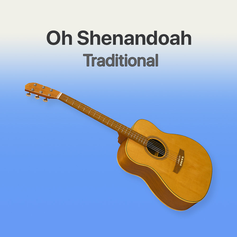 Acoustic guitar with 'Oh Shenandoah Traditional' text on a blue background