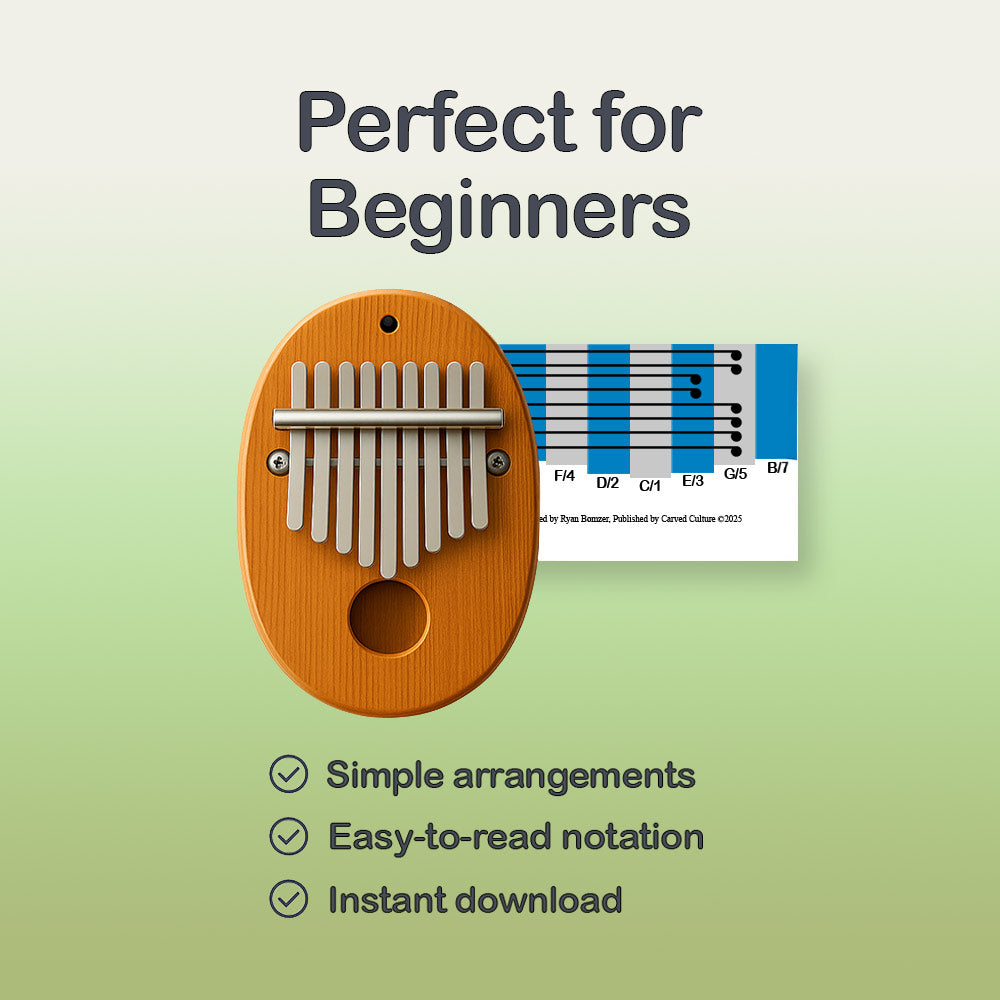 Wooden kalimba with music notation on a green background