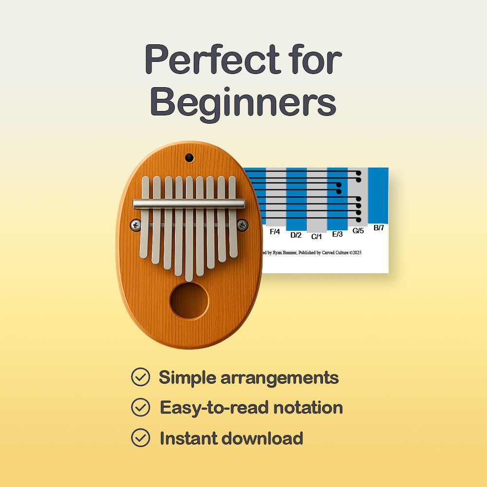 Wooden kalimba with music notation on a yellow background