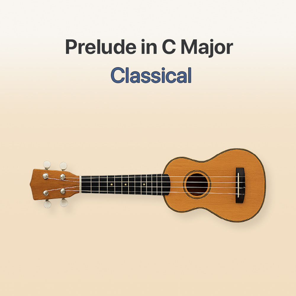 Wooden ukulele on a beige background with text 'Prelude in C Major Classical'.