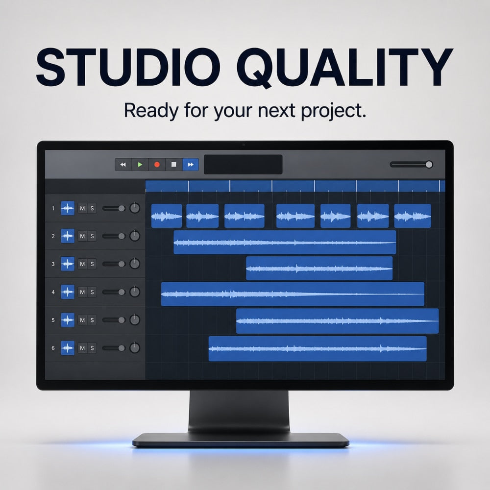 A desktop computer monitor on a stand displaying a dark audio workstation interface with blue waveform tracks, under the text 'STUDIO QUALITY' and 'Ready for your next project.' on a light gray background.