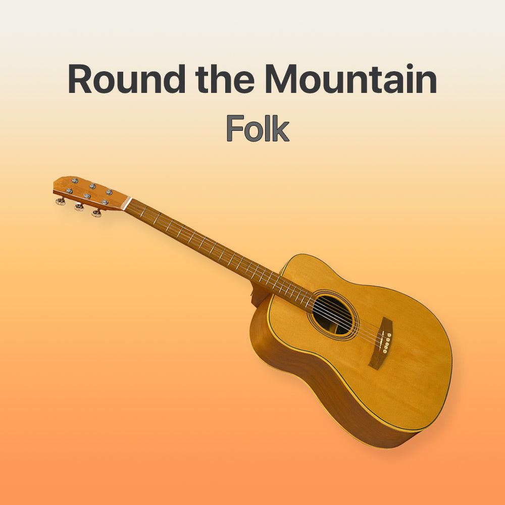 Acoustic guitar on a gradient background with 'Round the Mountain Folk' text