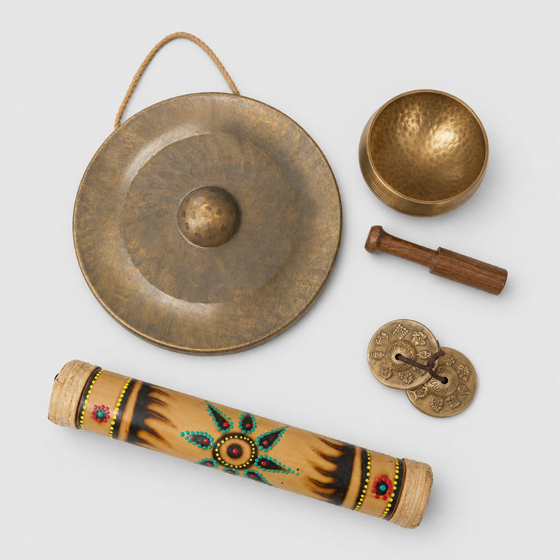 musical instrument bundle sound therapy gong tingsha rainstick and singing bowl.