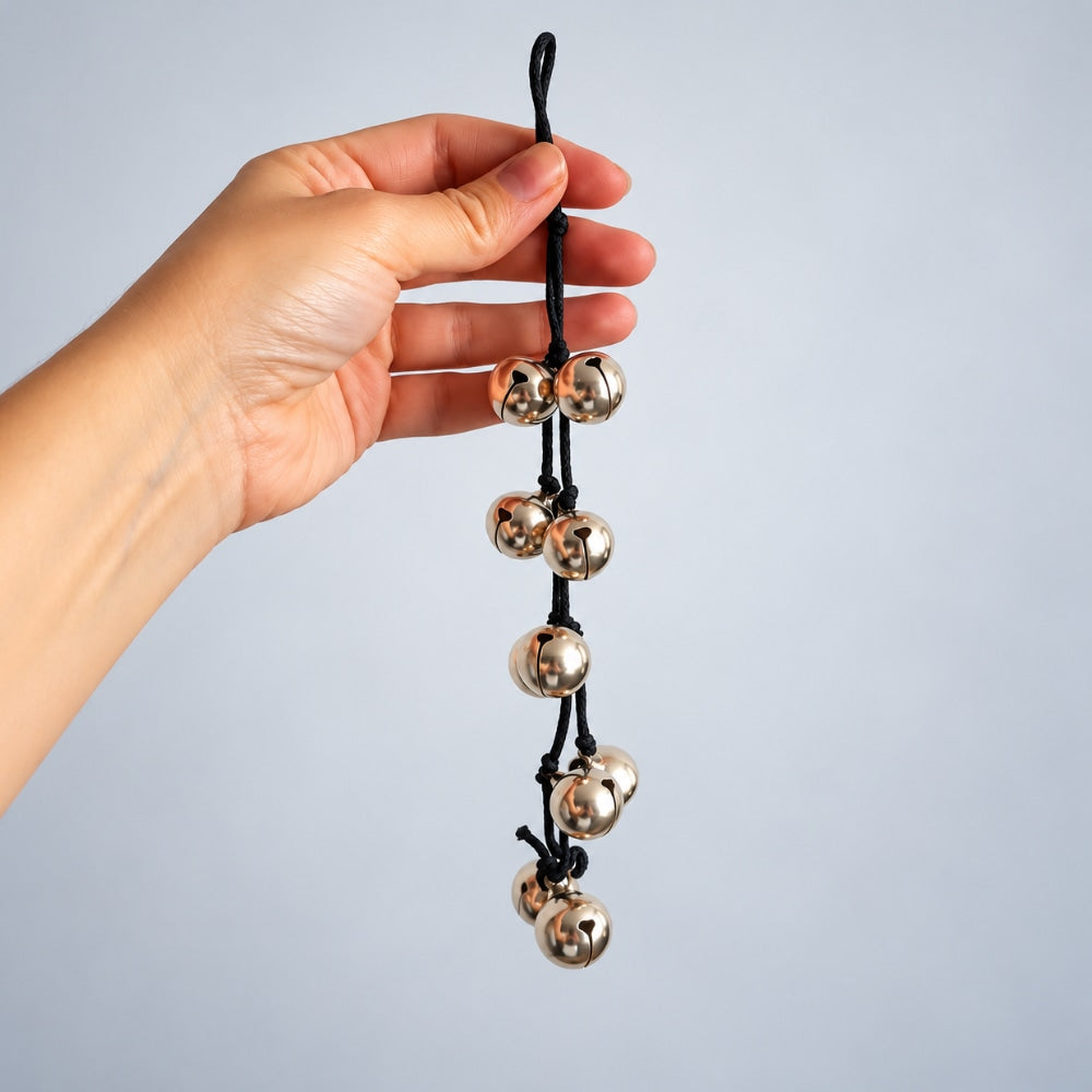 A hand holding a black cord adorned with multiple shiny metallic gold bells against a plain light gray background.