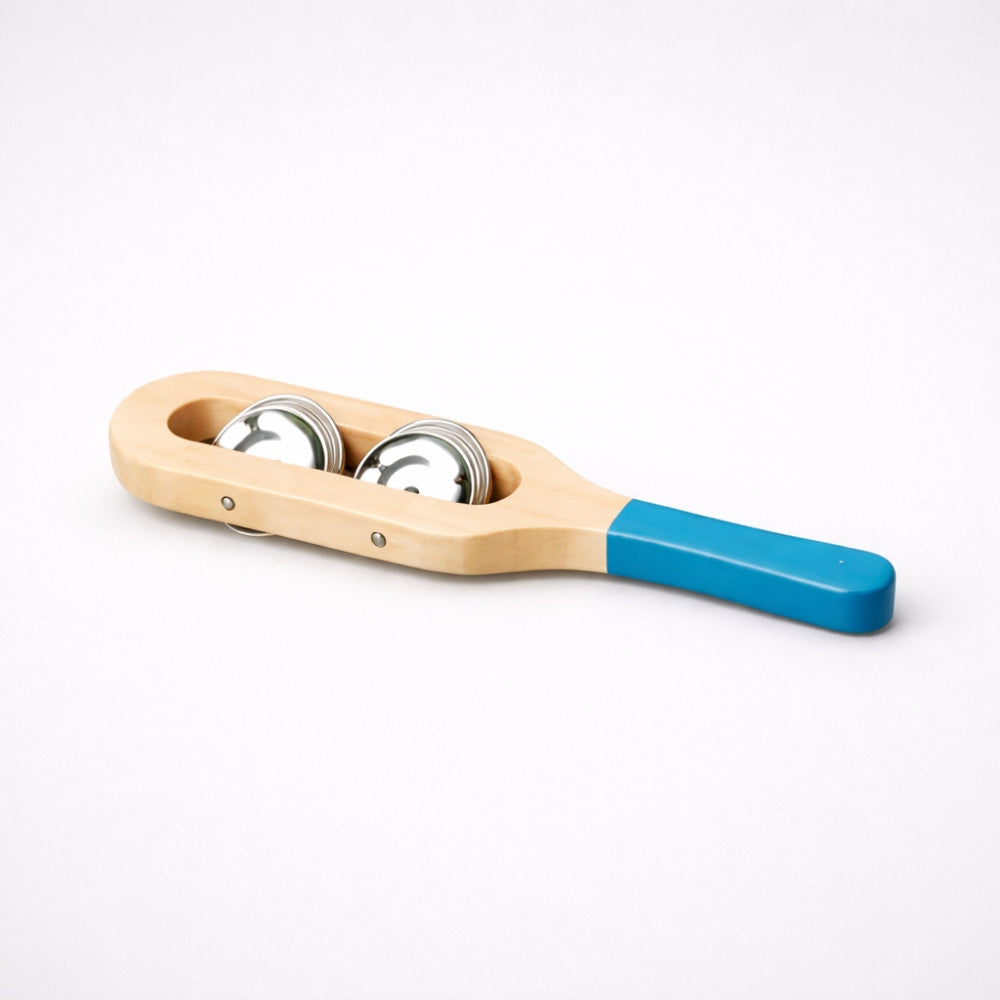 Small Wooden tambourine jingle stick  with metal tambour bells on a white studio background
