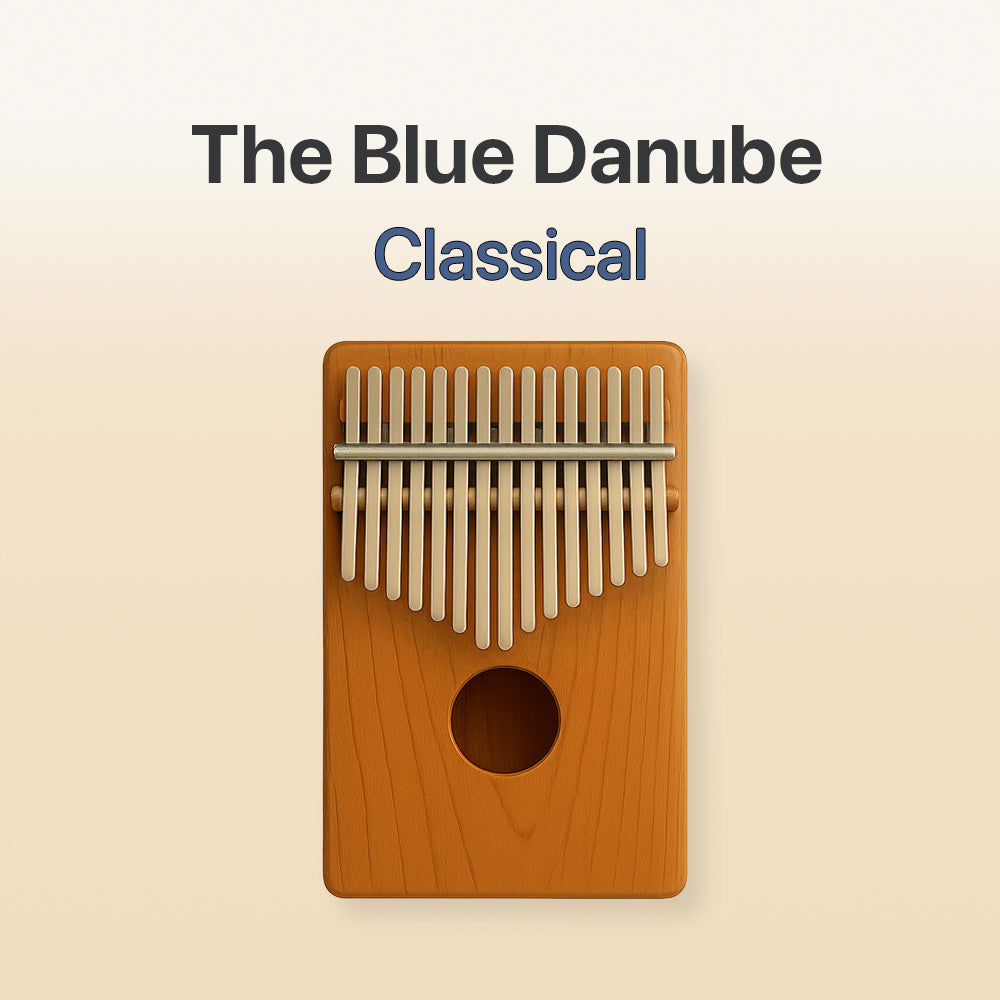 Wooden kalimba with metal tines on a beige background, labeled 'The Blue Danube Classical'.