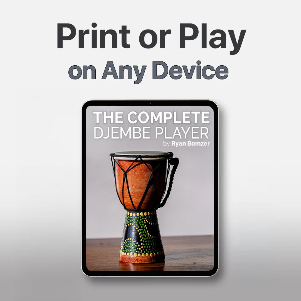 Digital book cover of 'The Complete Djembe Player' by Ryan Bonzer on a tablet with a djembe drum image.