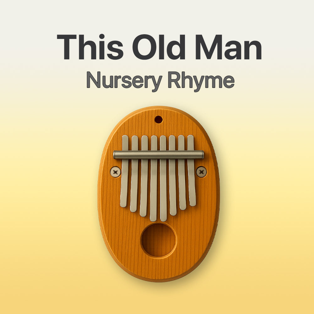Wooden kalimba on a yellow background with text 'This Old Man Nursery Rhyme'.