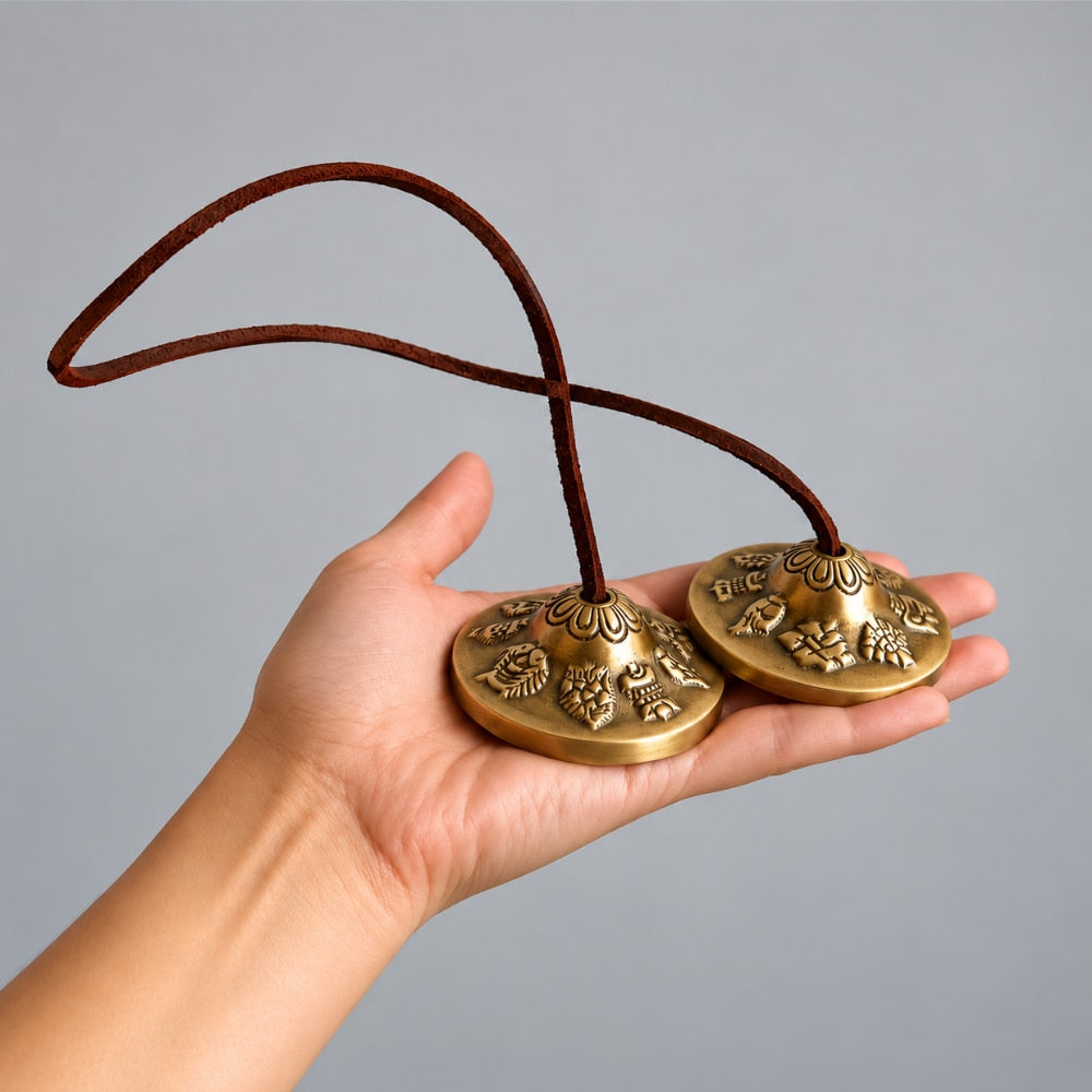 A pair of brass cymbals with an attached dark brown rope, held in a person's hand against a plain gray background.