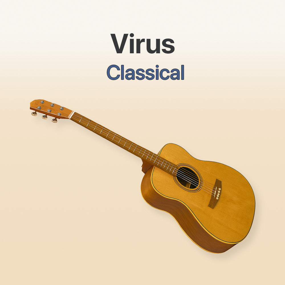 Acoustic guitar on a beige background with 'Virus Classical' text.