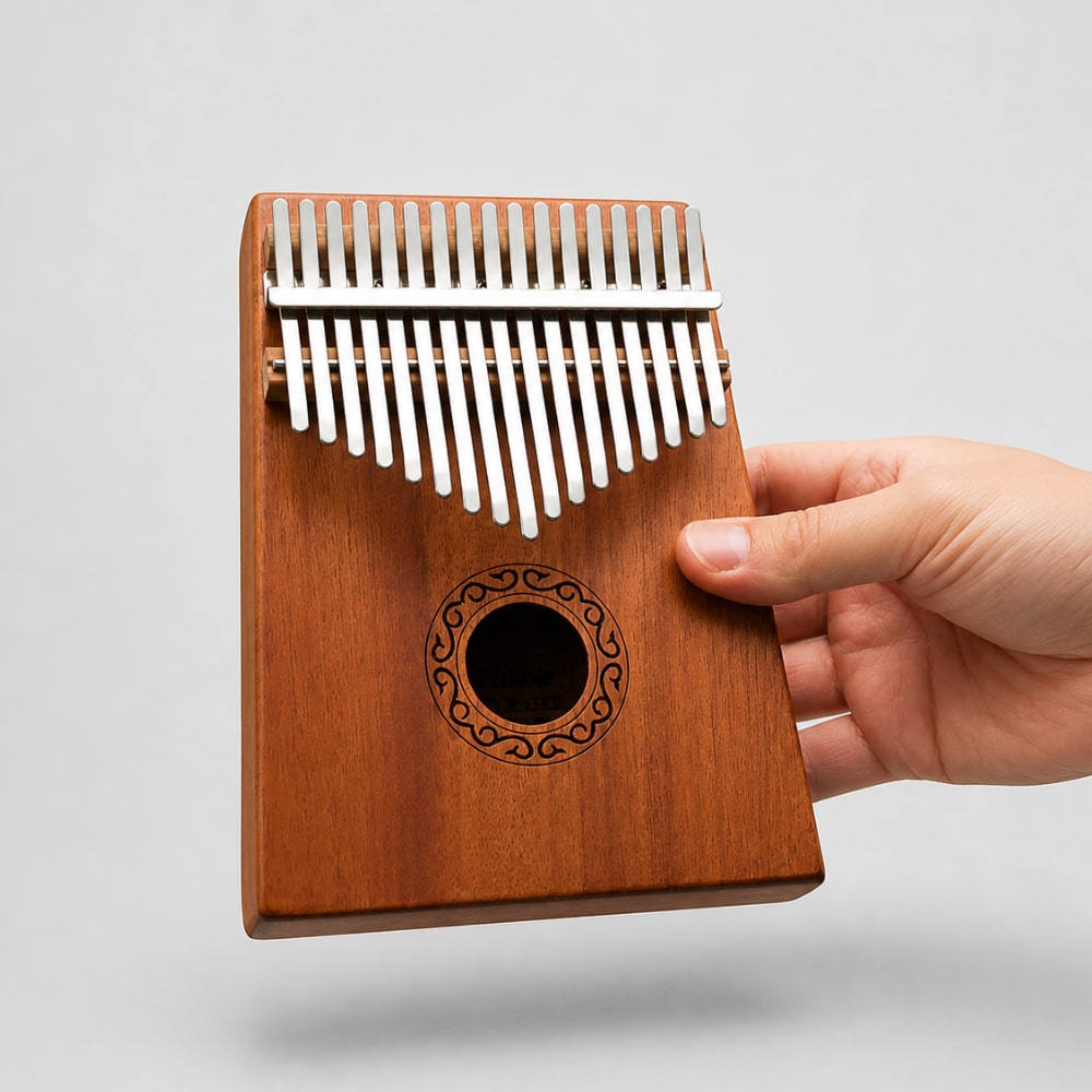Yulin Kalimba 17 note held in hand, demonstrating its size and design on a light grey background