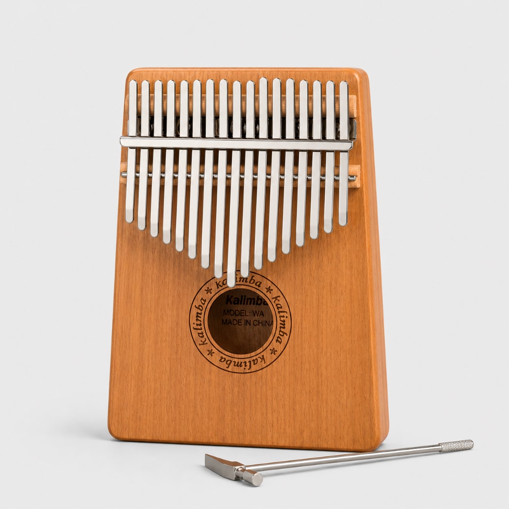 Wooden Yulin kalimba with 17 metal tine notes on a light gray studio background